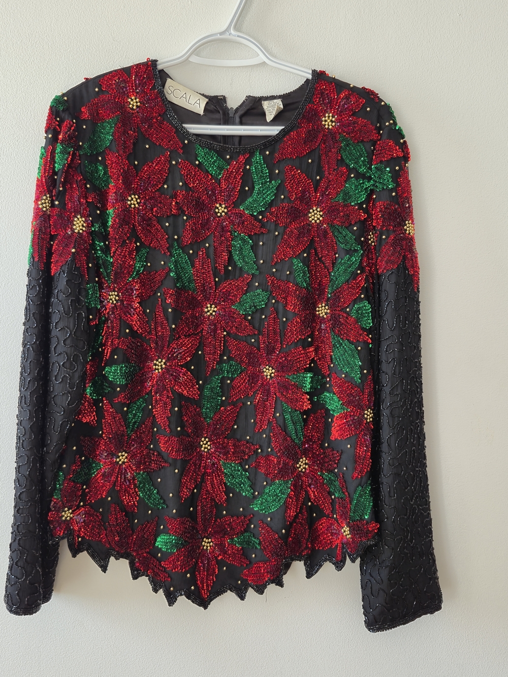 Scala Red & Green Beaded Poinsettia Long Sleeve, Silk Top, L